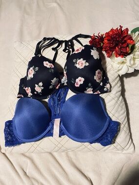 Floral Black & Royal Blue Push-Up Bras - Women Intimates